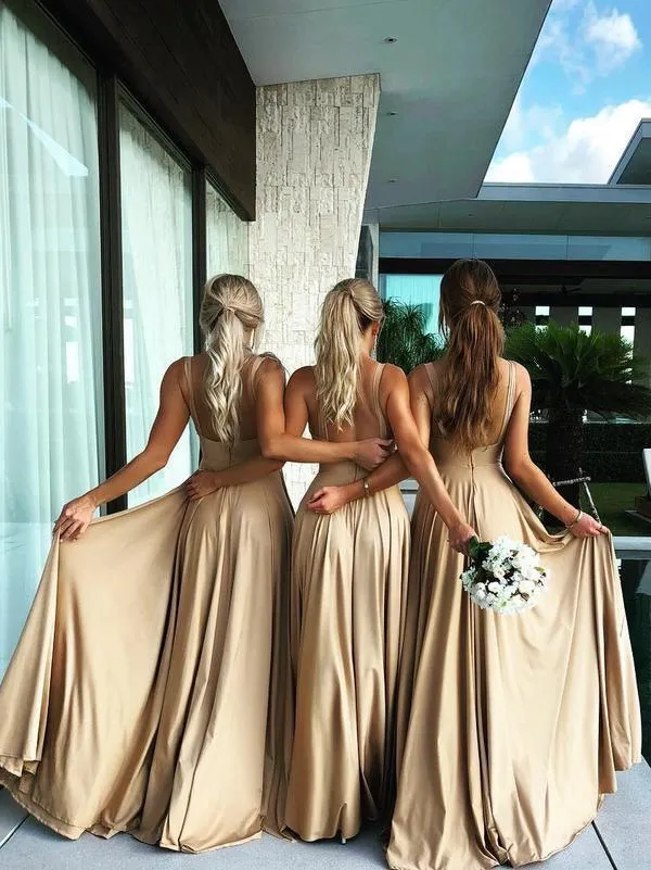 A-Line V-Neck Sweep Train Straw Spandex Prom Party Dress with Split PG658