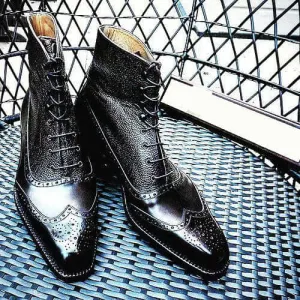 Ankle High Black Wing Tip Brogue Pebbled Leather Suede Boot