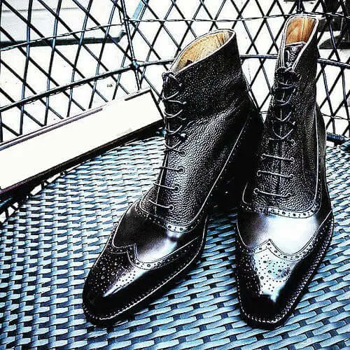 Ankle High Black Wing Tip Brogue Pebbled Leather Suede Boot