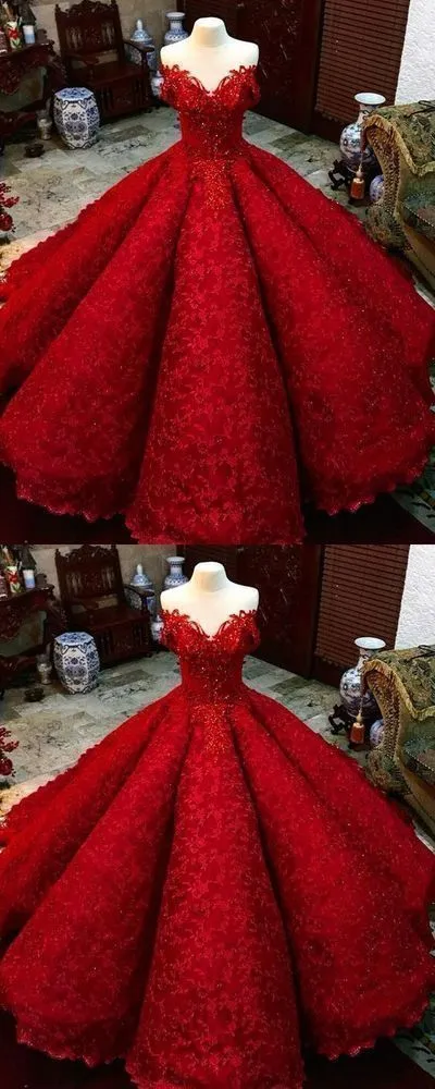 Ball Gown Red Prom Dress with Beads Off the Shoulder Lace Quinceanera Dress Ball Gown    cg11544