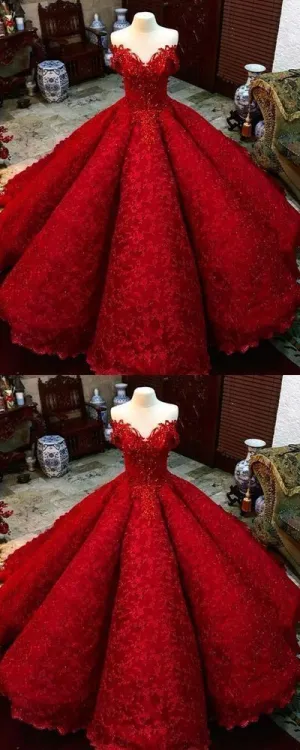 Ball Gown Red Prom Dress with Beads Off the Shoulder Lace Quinceanera Dress Ball Gown    cg11544