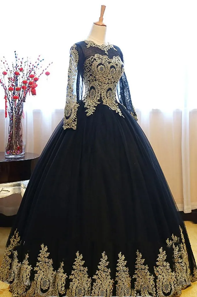 Black Ball Gown Long Sleeves Party Dress, Princess Tulle Prom Dress with Lace Appliques M1503