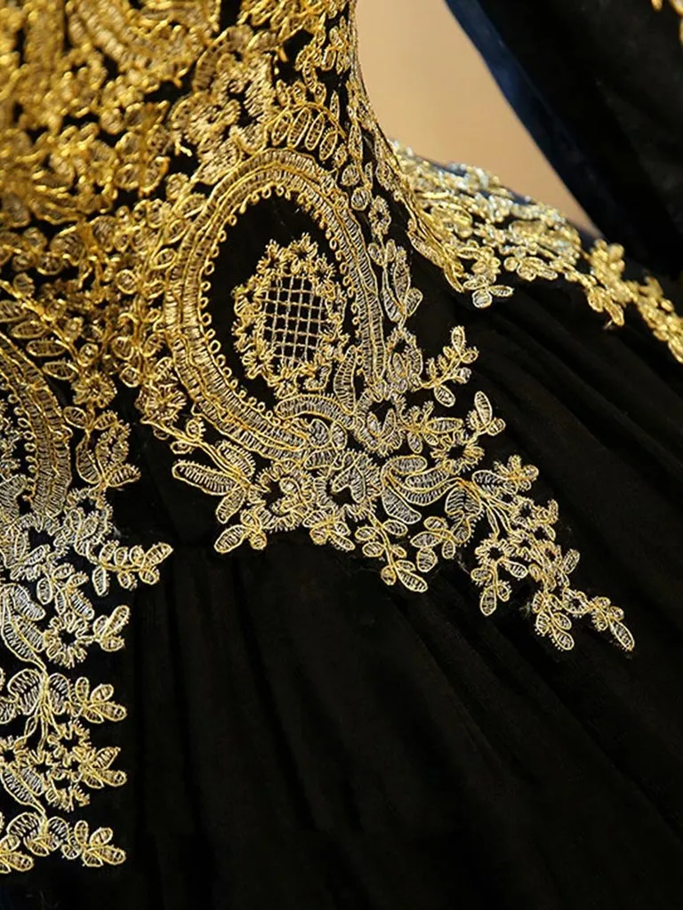 Black Ball Gown Long Sleeves Party Dress, Princess Tulle Prom Dress with Lace Appliques M1503