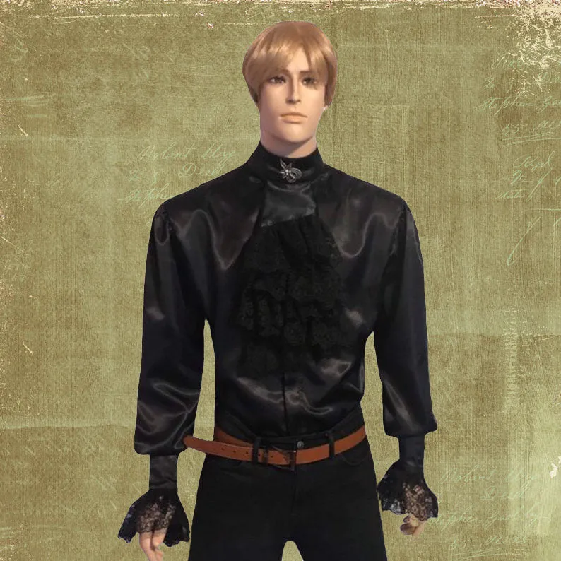 Black banded collar silk-lace dressy shirt with detachable ruffles in S M L XL 2XL 3XL