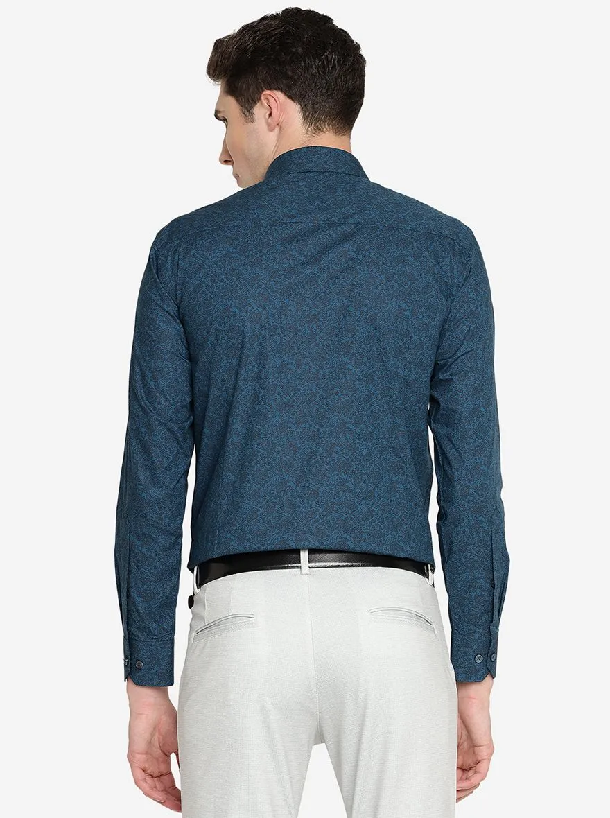 Blue & Black Printed Slim Fit Formal Shirt | Greenfibre