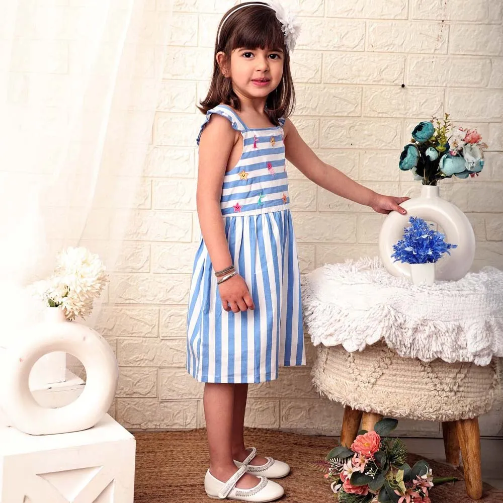 Blue Striped Printed With Embroidered Sleeveless Dress