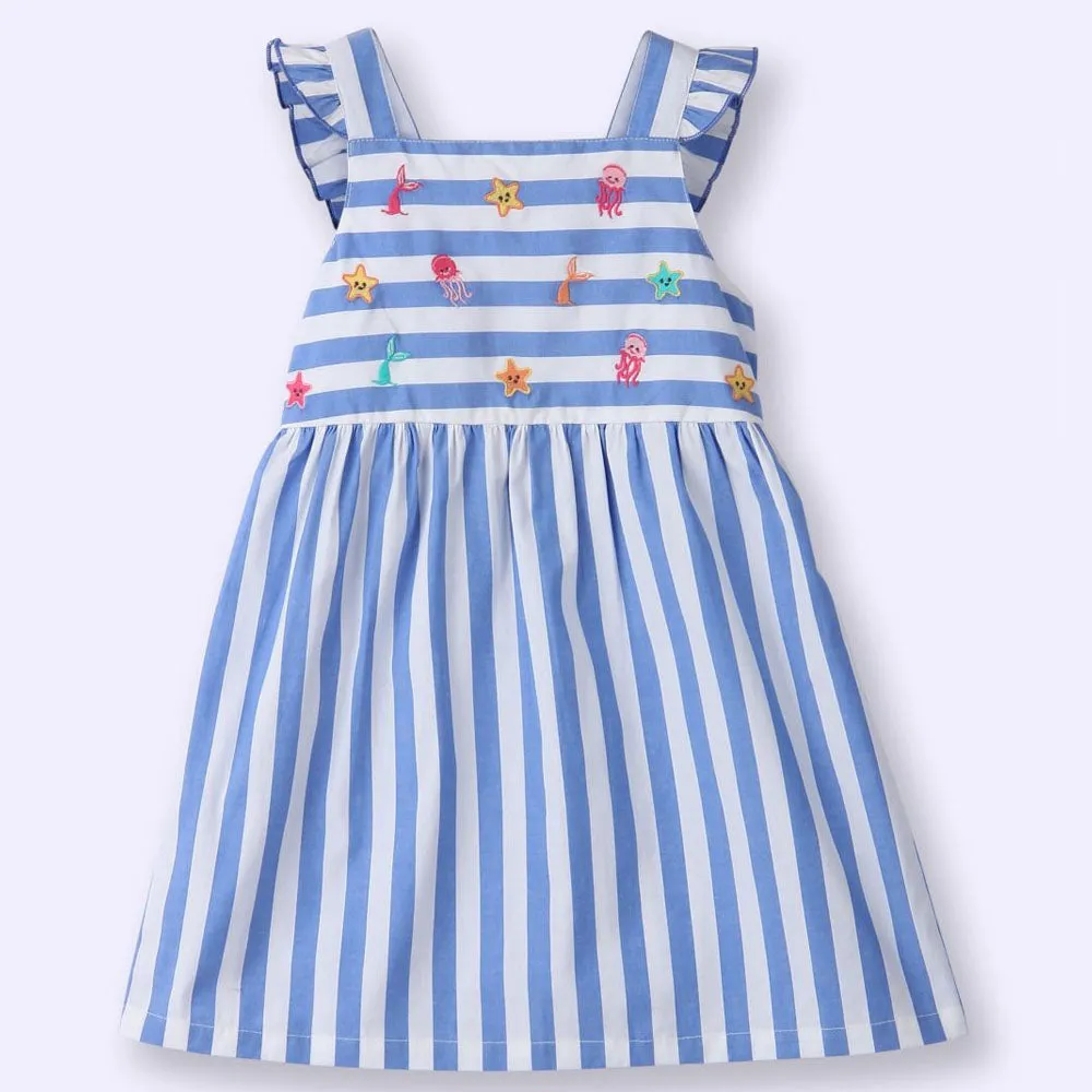 Blue Striped Printed With Embroidered Sleeveless Dress