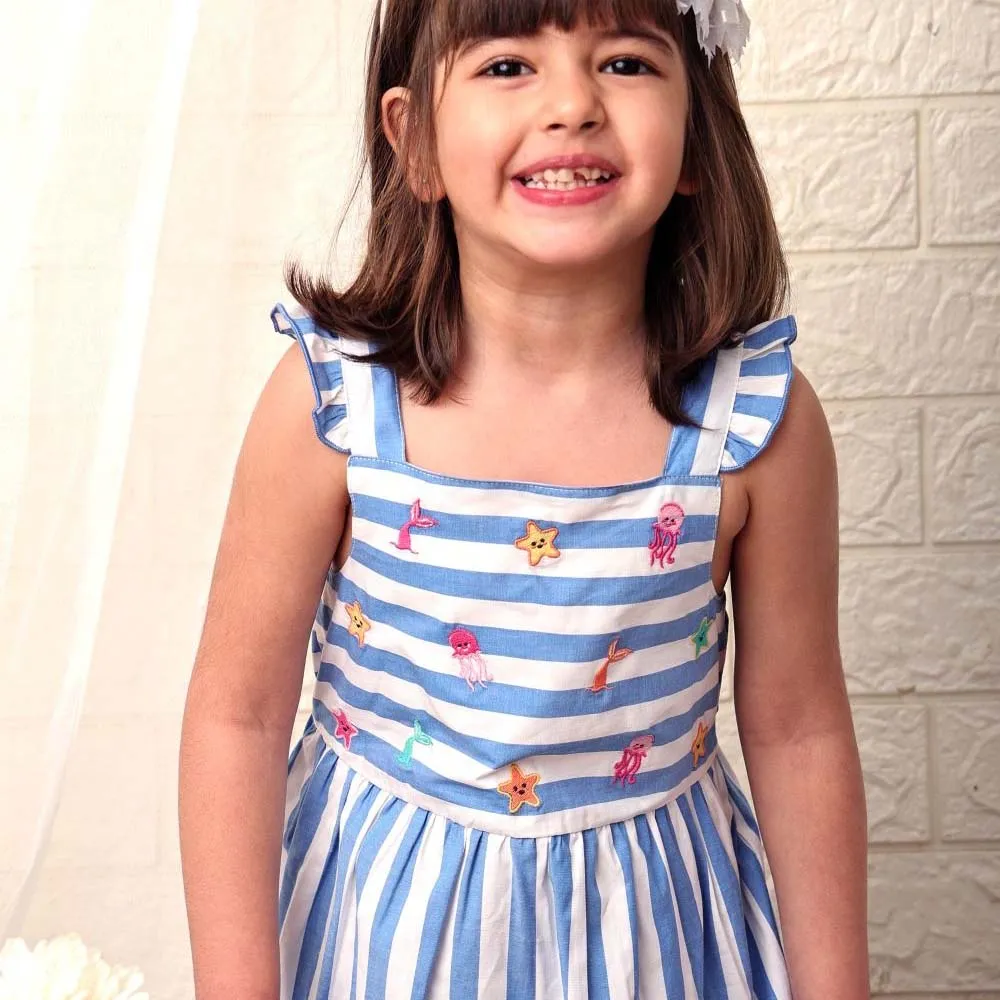 Blue Striped Printed With Embroidered Sleeveless Dress