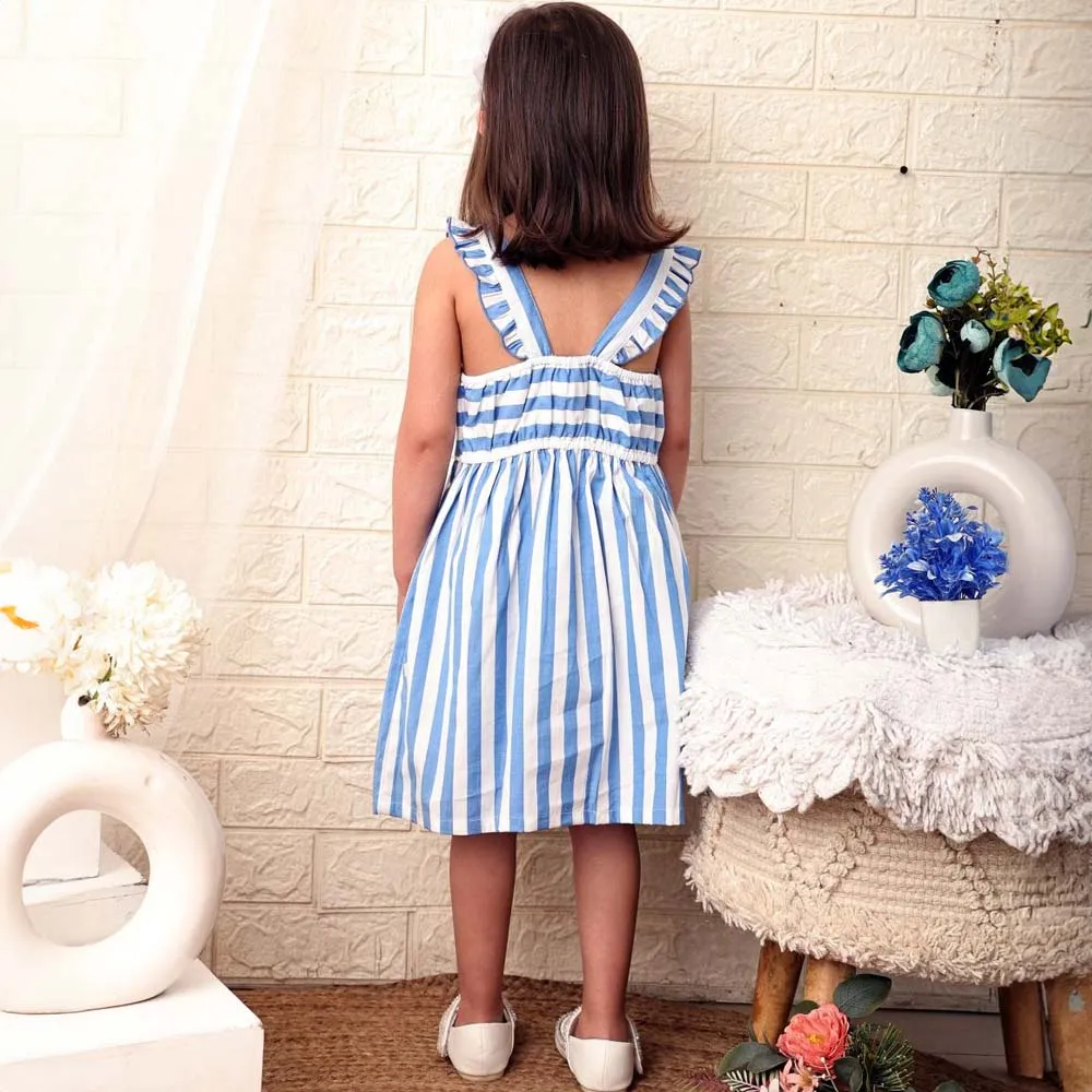 Blue Striped Printed With Embroidered Sleeveless Dress