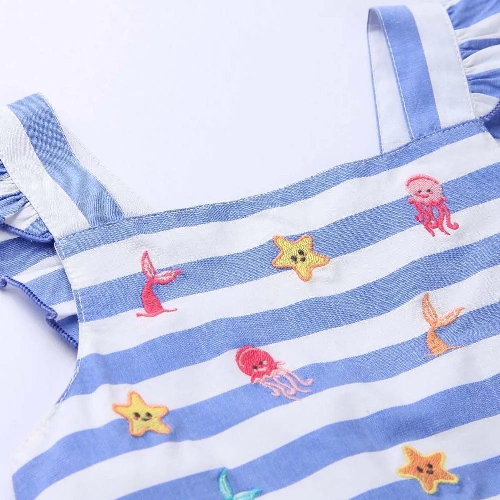 Blue Striped Printed With Embroidered Sleeveless Dress