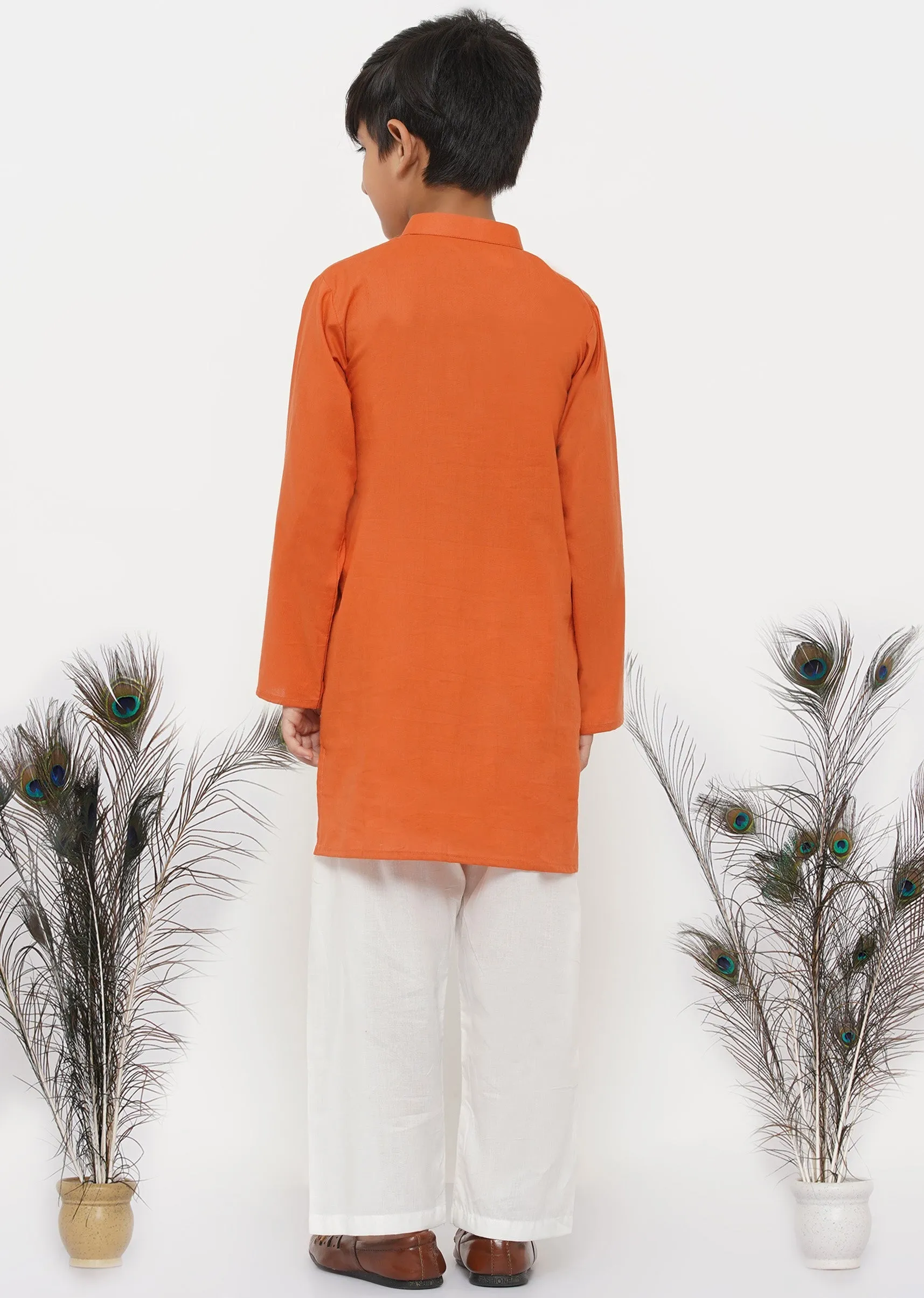 Boy's Cotton Kesari Kurta With Pearl Buttons And Pyjama -Orange And Cream - Little Bansi Boys