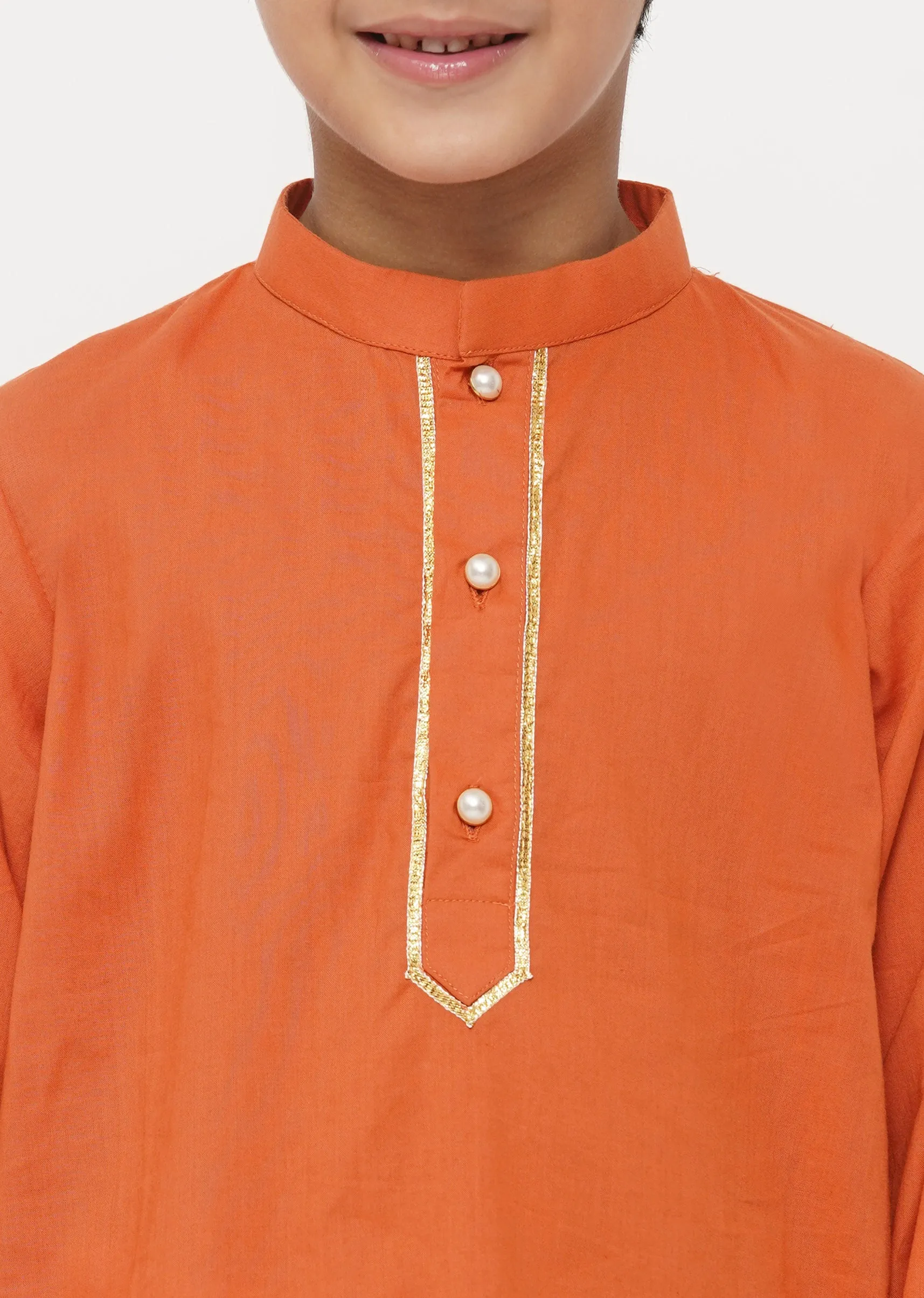 Boy's Cotton Kesari Kurta With Pearl Buttons And Pyjama -Orange And Cream - Little Bansi Boys