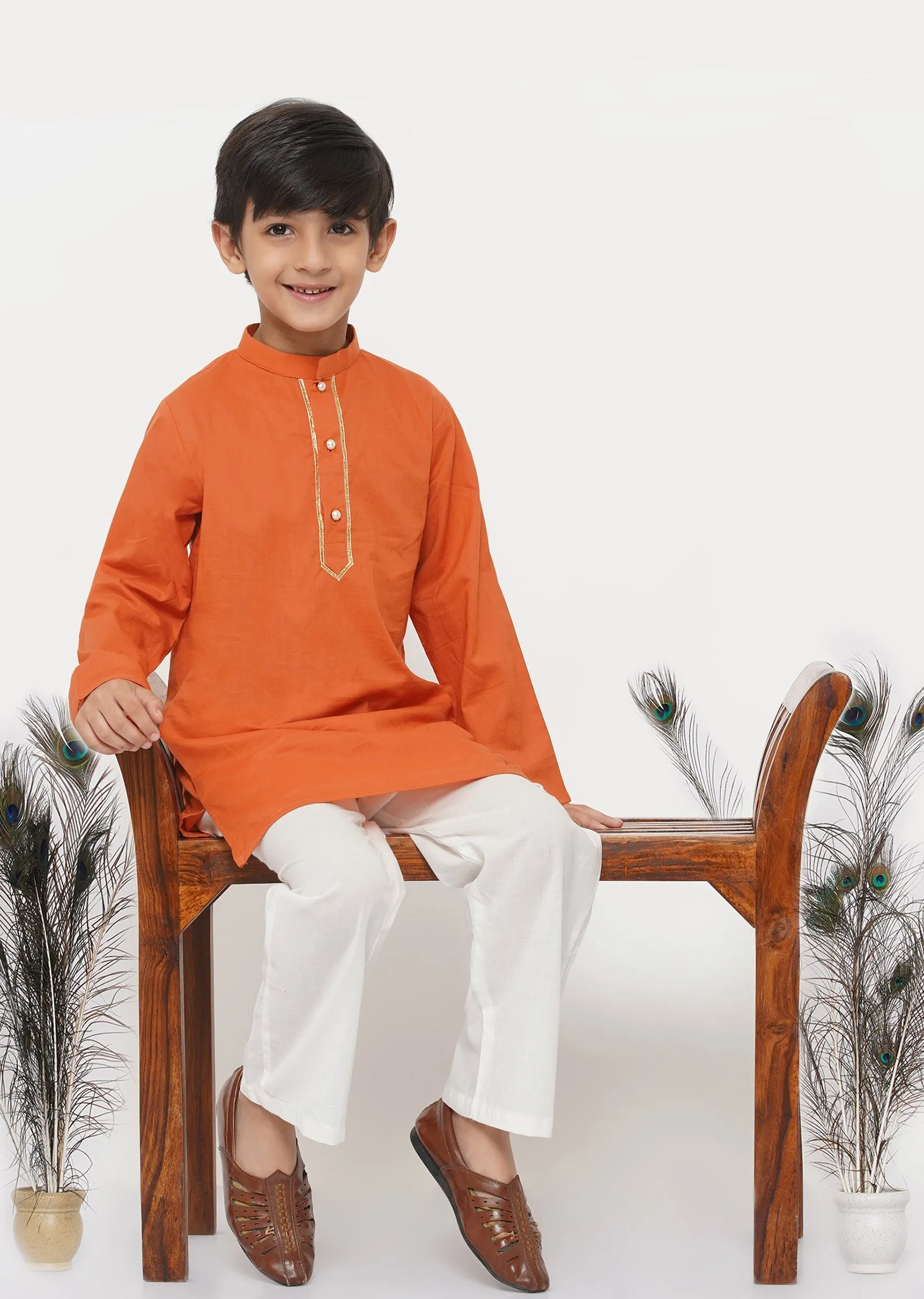 Boy's Cotton Kesari Kurta With Pearl Buttons And Pyjama -Orange And Cream - Little Bansi Boys