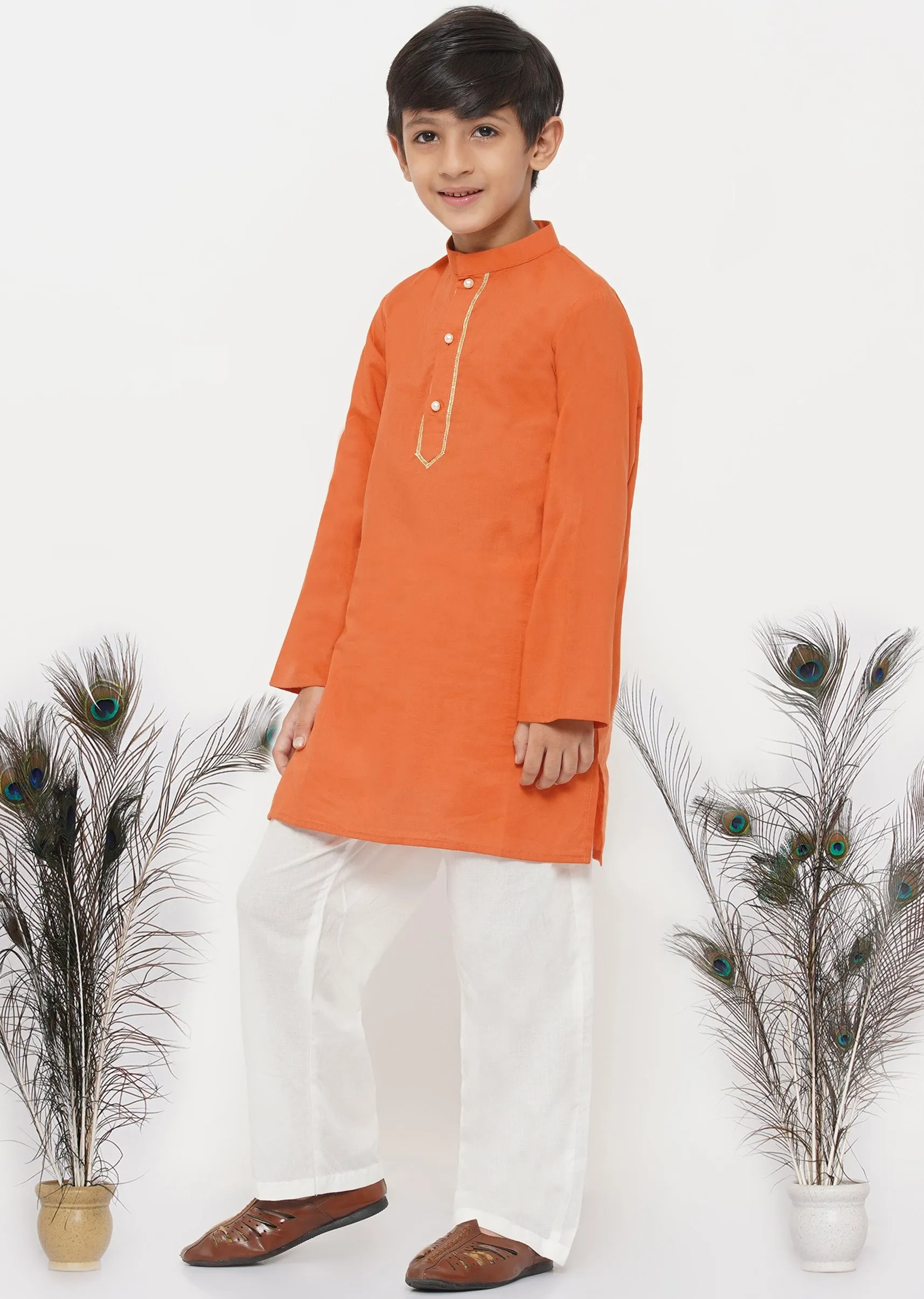 Boy's Cotton Kesari Kurta With Pearl Buttons And Pyjama -Orange And Cream - Little Bansi Boys