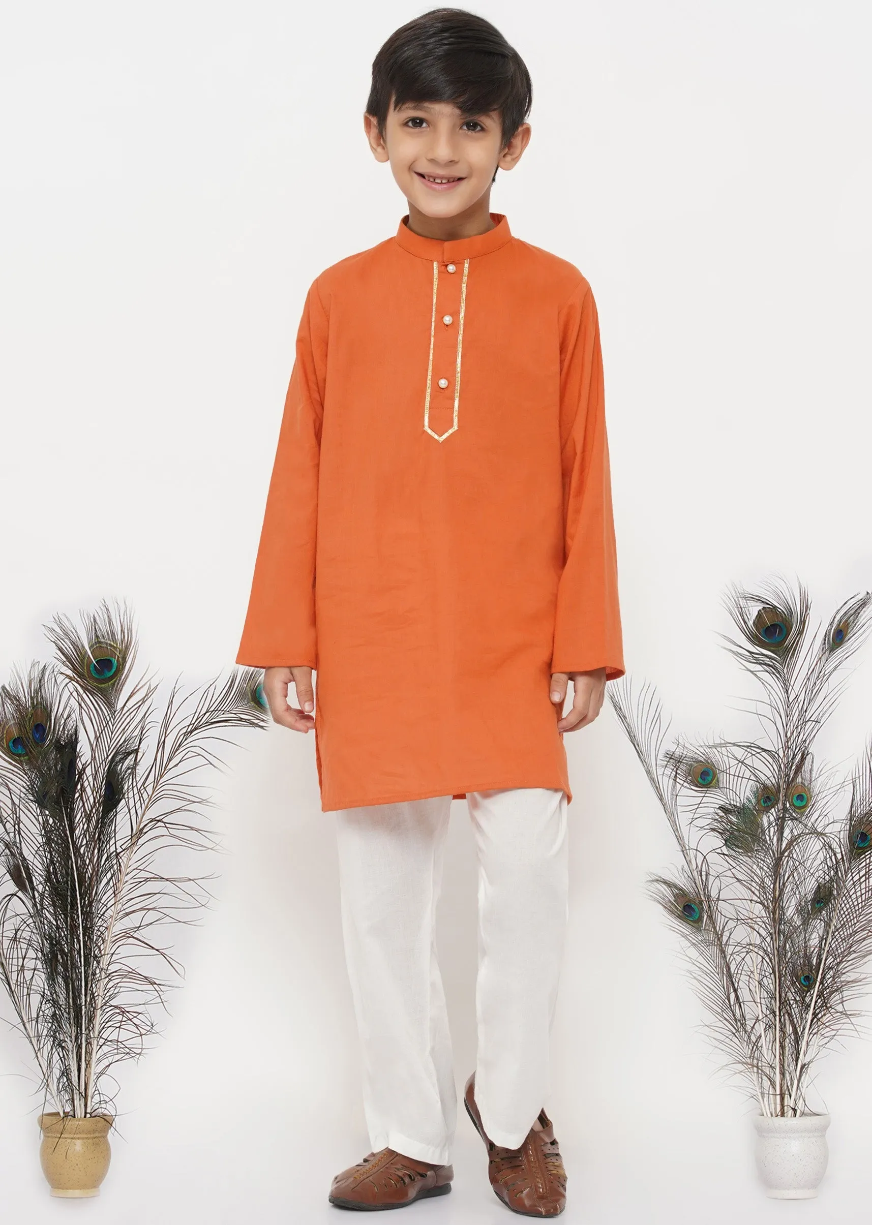 Boy's Cotton Kesari Kurta With Pearl Buttons And Pyjama -Orange And Cream - Little Bansi Boys