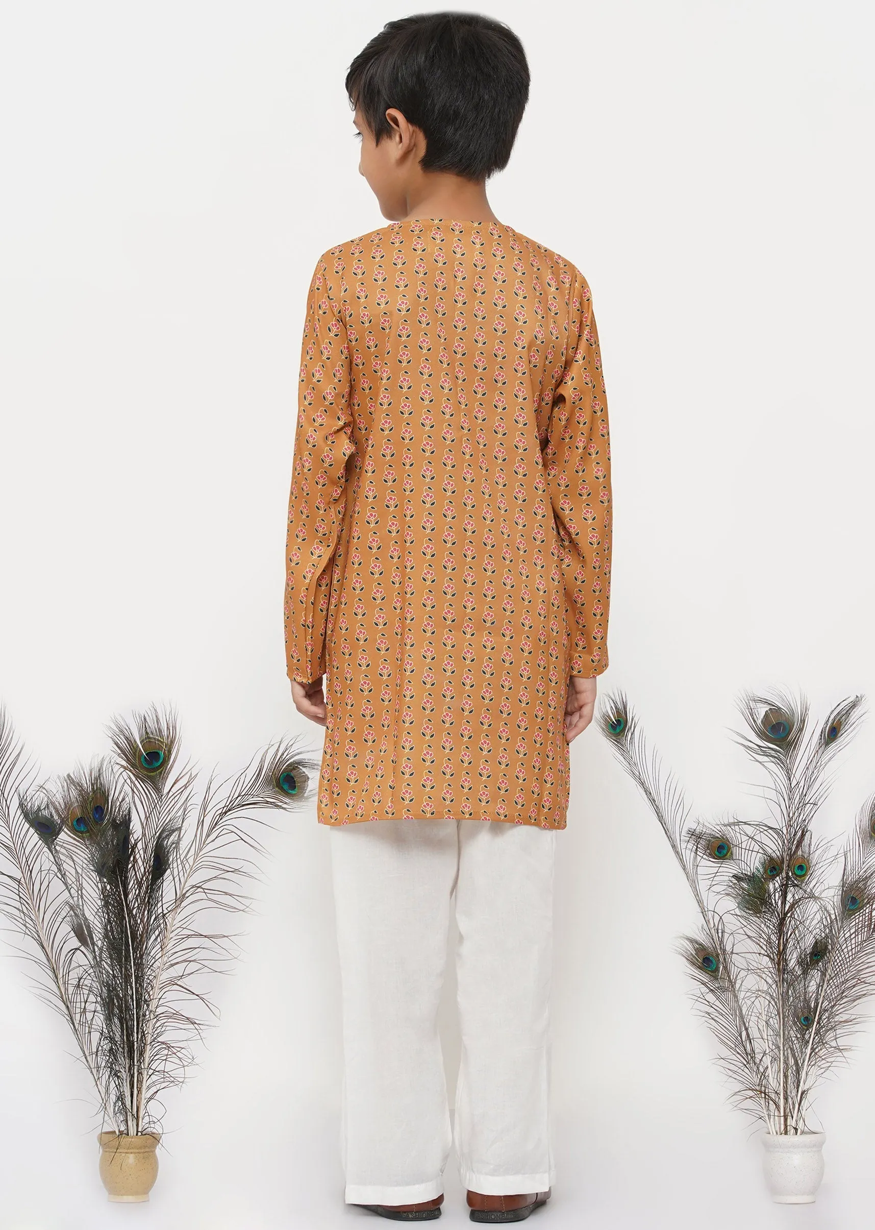 Boy's Cotton Silk Floral Kurta With Pearl Buttons And Pyjama - Orange And Cream - Little Bansi Boys