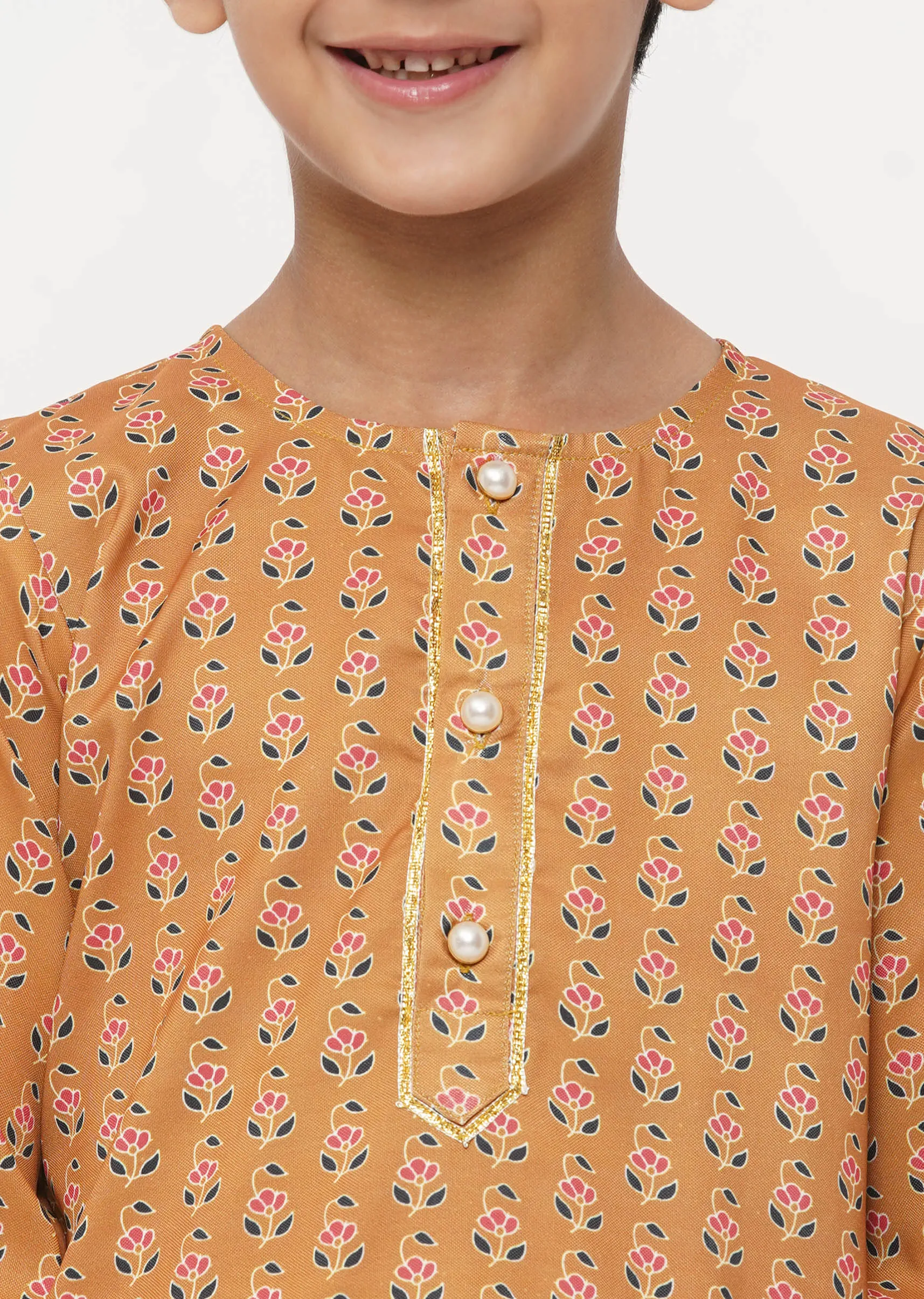 Boy's Cotton Silk Floral Kurta With Pearl Buttons And Pyjama - Orange And Cream - Little Bansi Boys