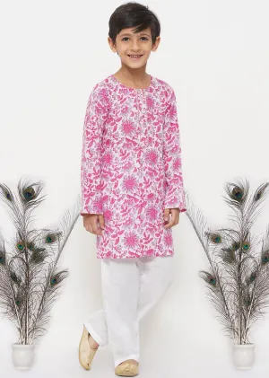Boy's Cotton Thread Work Floral Kurta With Pearl Buttons And Pyjama In Pink And Cream - Little Bansi Boys