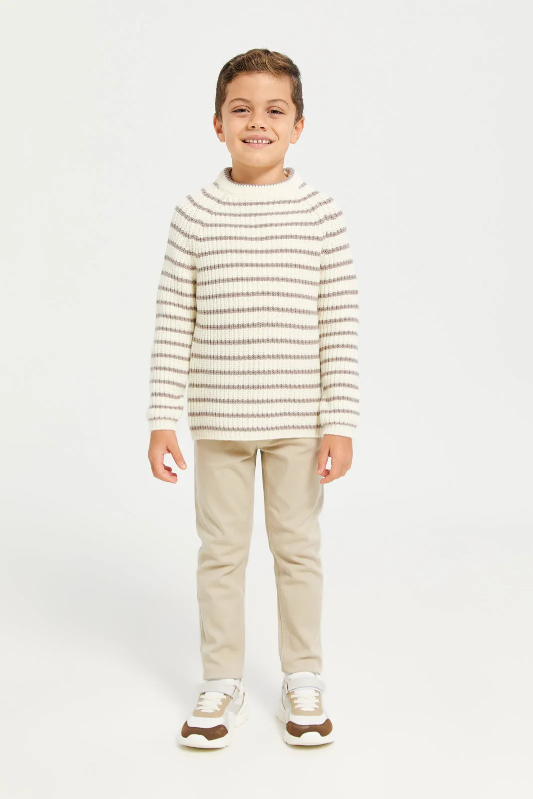 Boys White And Brown Round Neck Stripe Pullover