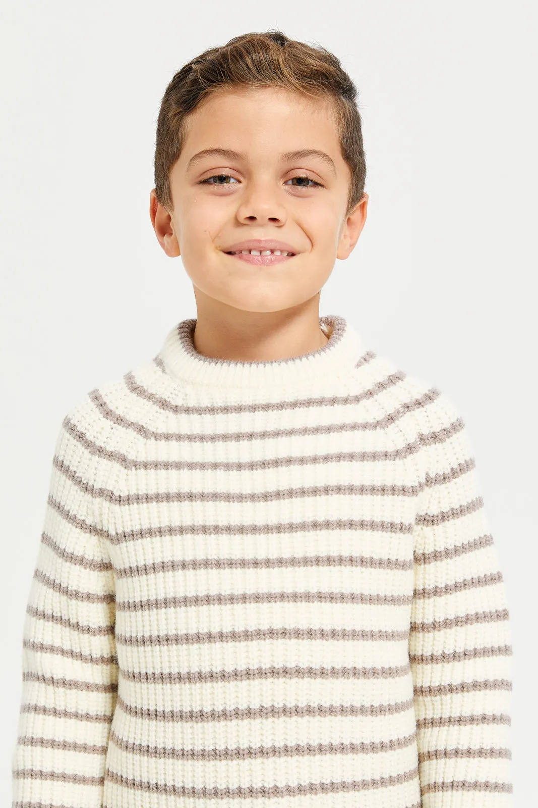 Boys White And Brown Round Neck Stripe Pullover