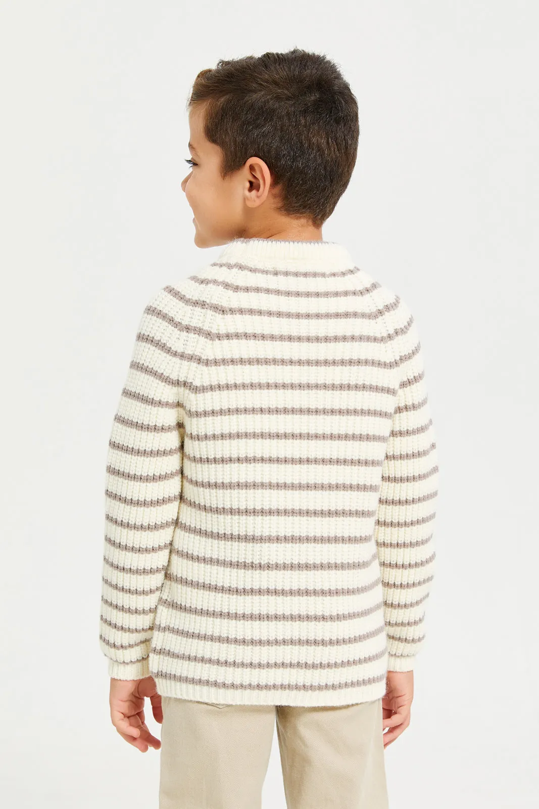 Boys White And Brown Round Neck Stripe Pullover