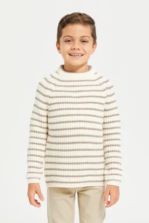 Boys White And Brown Round Neck Stripe Pullover