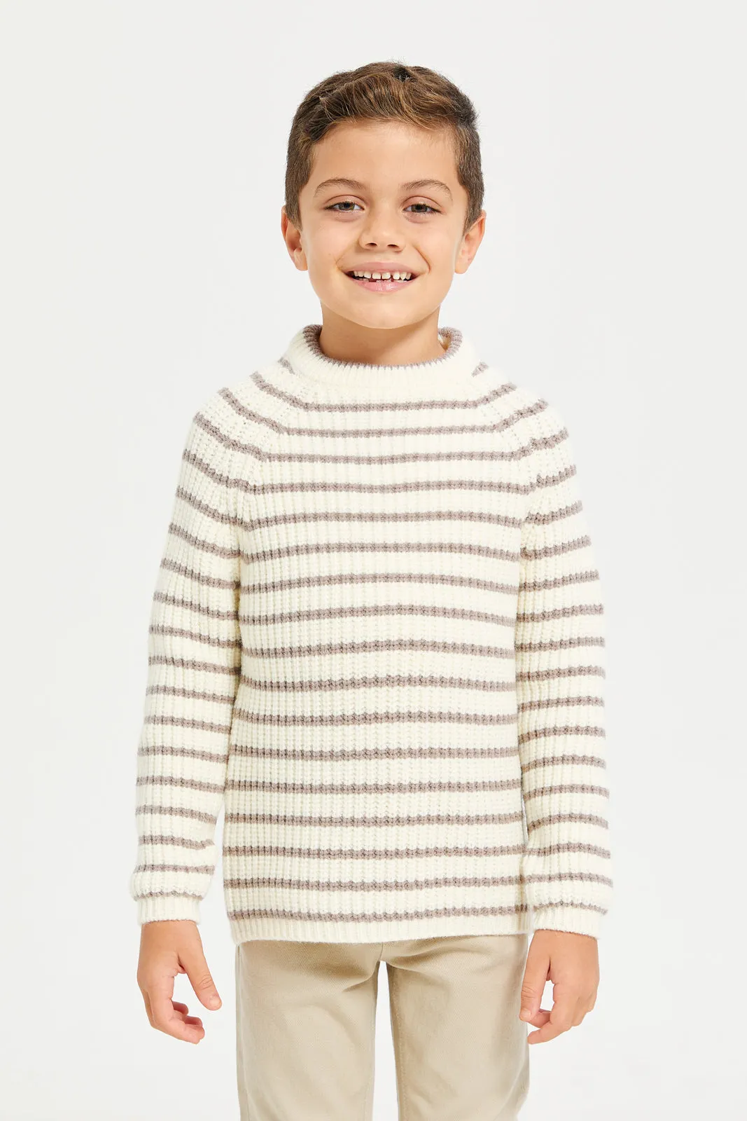 Boys White And Brown Round Neck Stripe Pullover