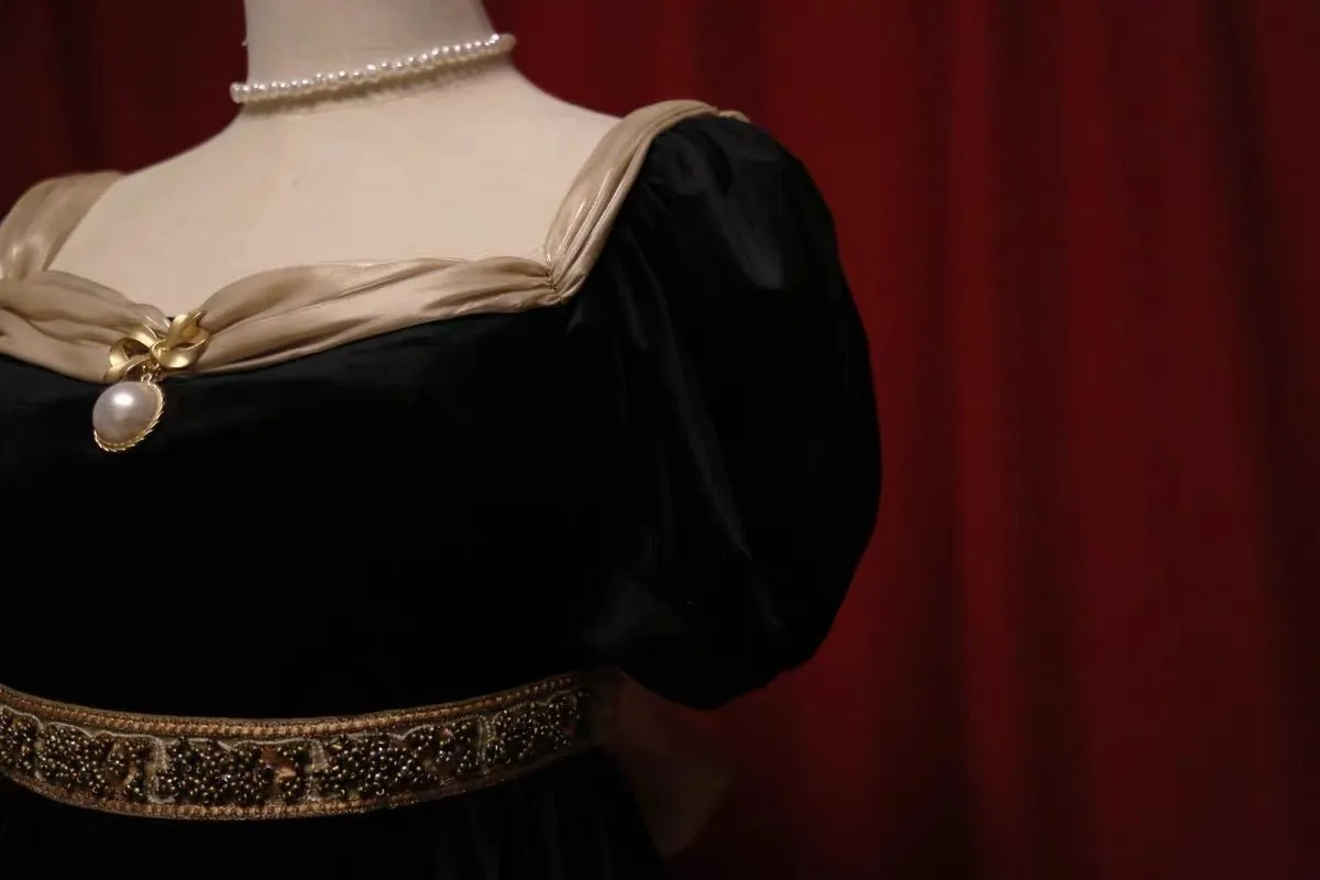 Bridgerton Inspired Black Velvet Regency Era Ball Gown - Black Dress Plus Size