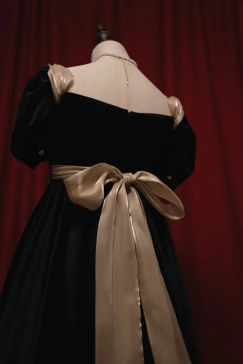 Bridgerton Inspired Black Velvet Regency Era Ball Gown - Black Dress Plus Size