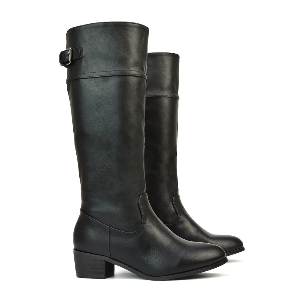 Caiden Knee High Low Block Heel Western Cowboy Boots in Chalk Synthetic Leather