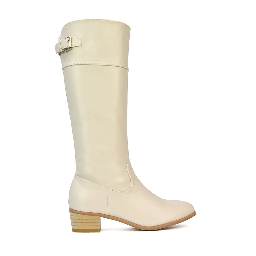 Caiden Knee High Low Block Heel Western Cowboy Boots in Chalk Synthetic Leather