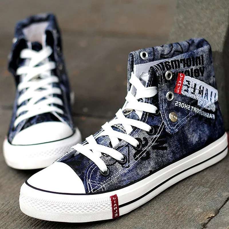 Casual Blue Canvas Vulcanized Shoes Male High Top Sneakers