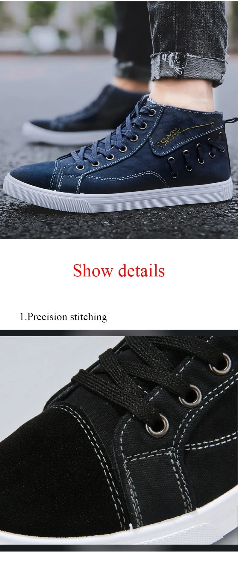 Casual Blue Canvas Vulcanized Shoes Male High Top Sneakers