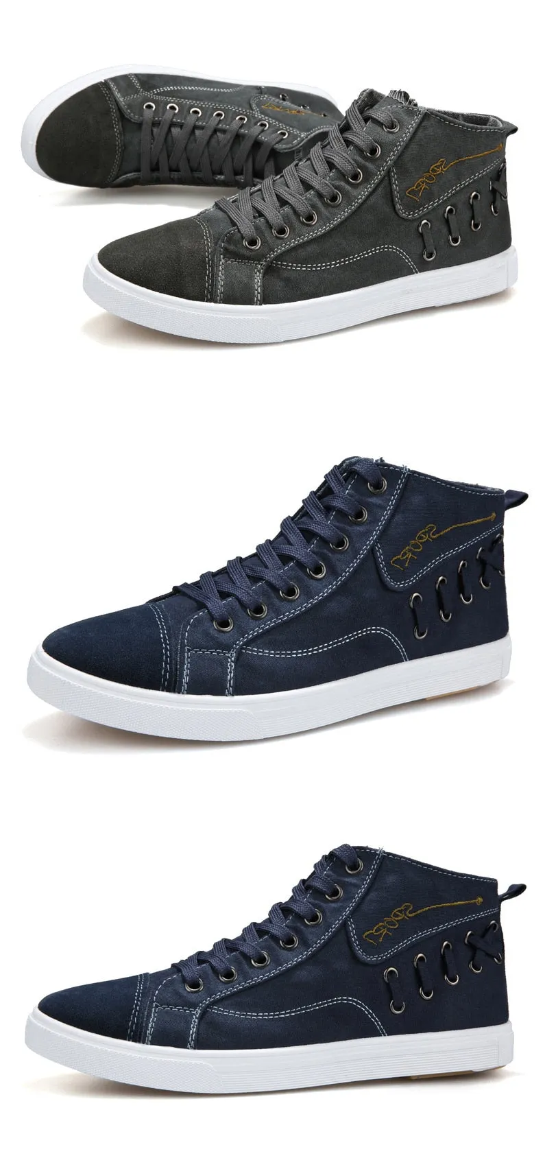 Casual Blue Canvas Vulcanized Shoes Male High Top Sneakers