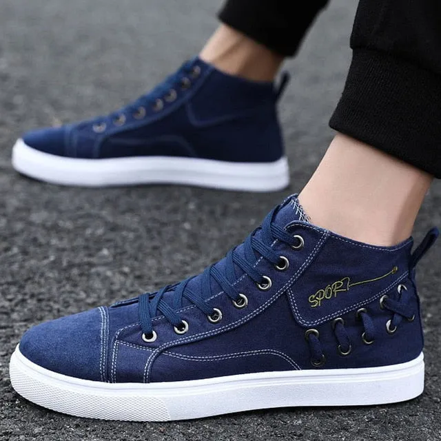 Casual Blue Canvas Vulcanized Shoes Male High Top Sneakers