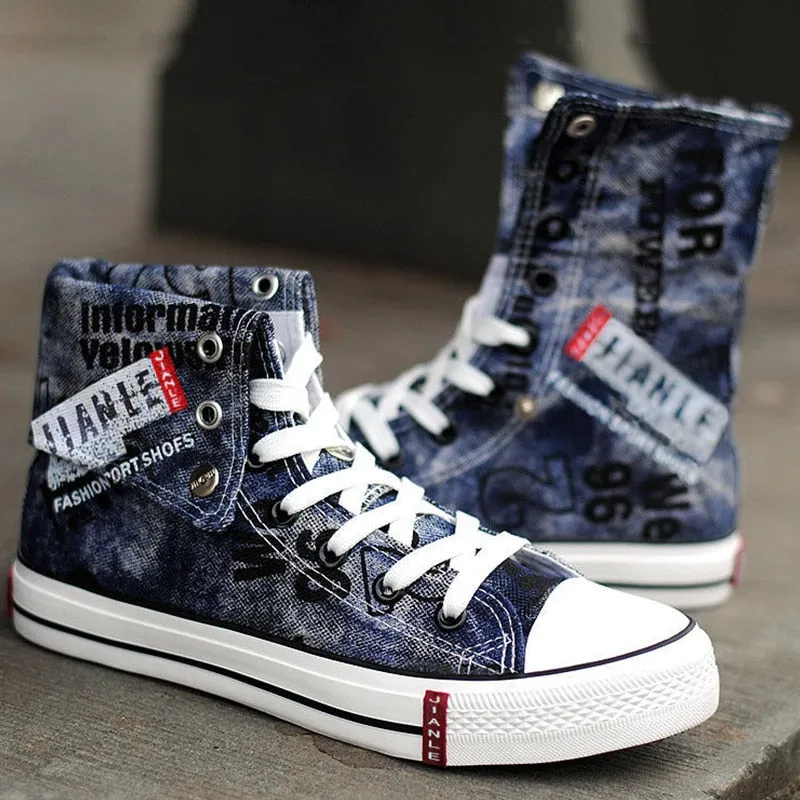 Casual Blue Canvas Vulcanized Shoes Male High Top Sneakers