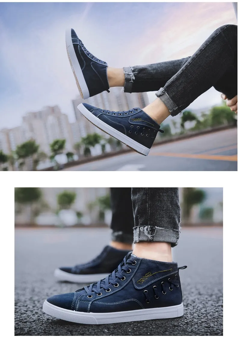 Casual Blue Canvas Vulcanized Shoes Male High Top Sneakers