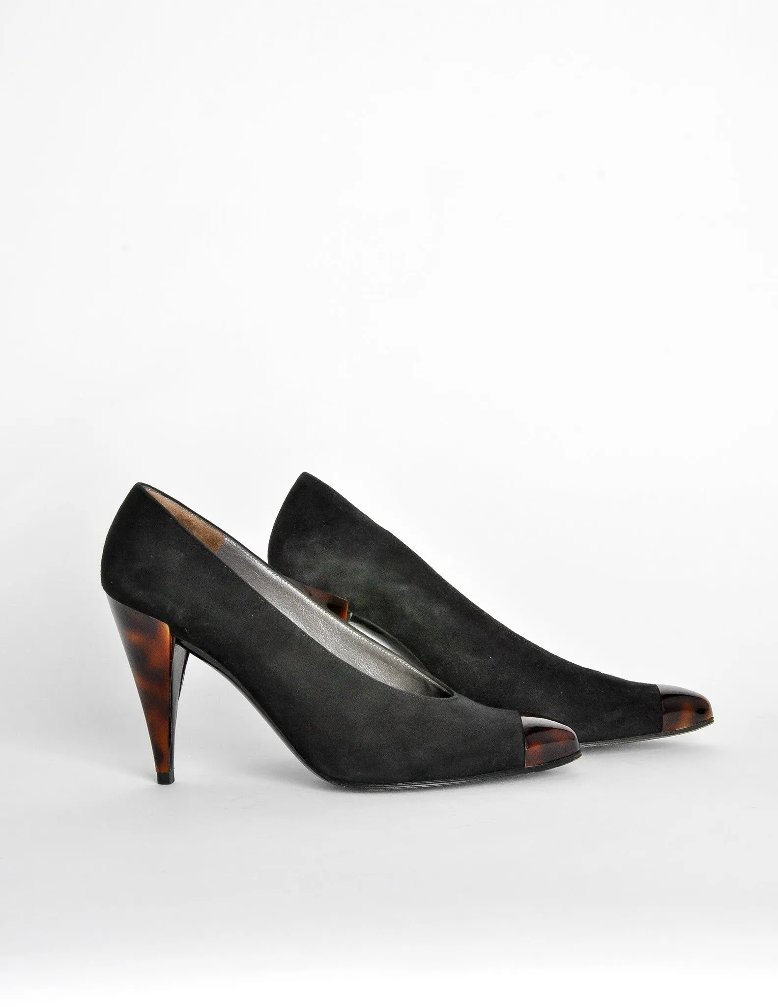 Charles Jourdan Vintage Toe Cap Black Suede Heels