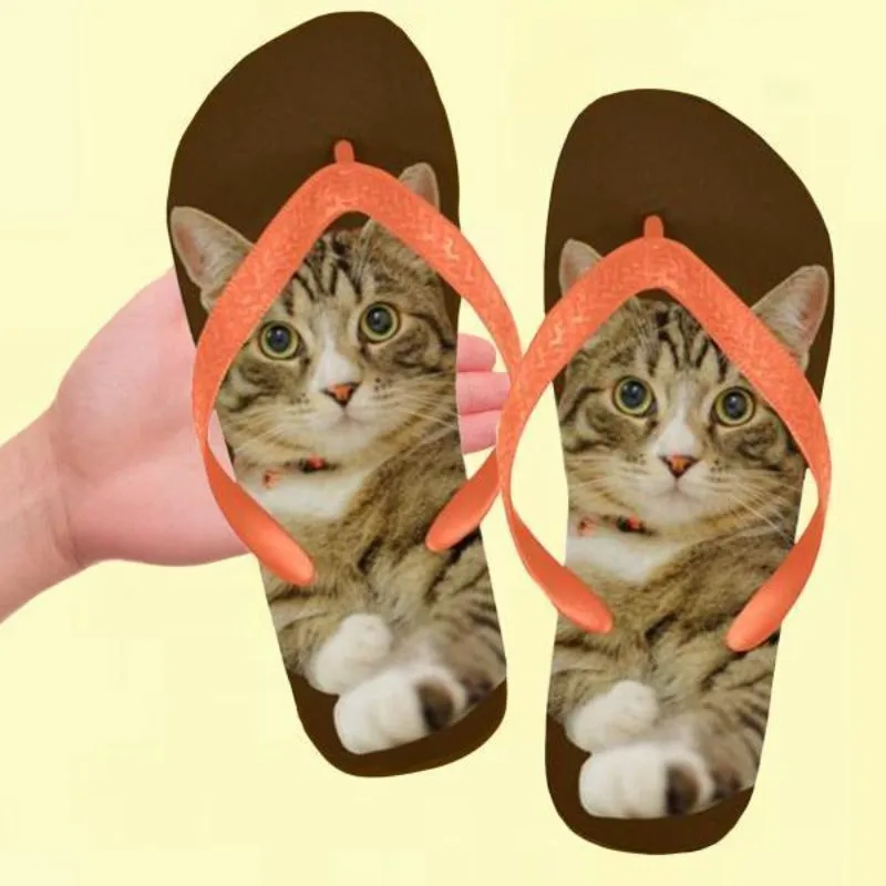 Cute Flip Flops Tabby Cat Unisex Slippers Brown