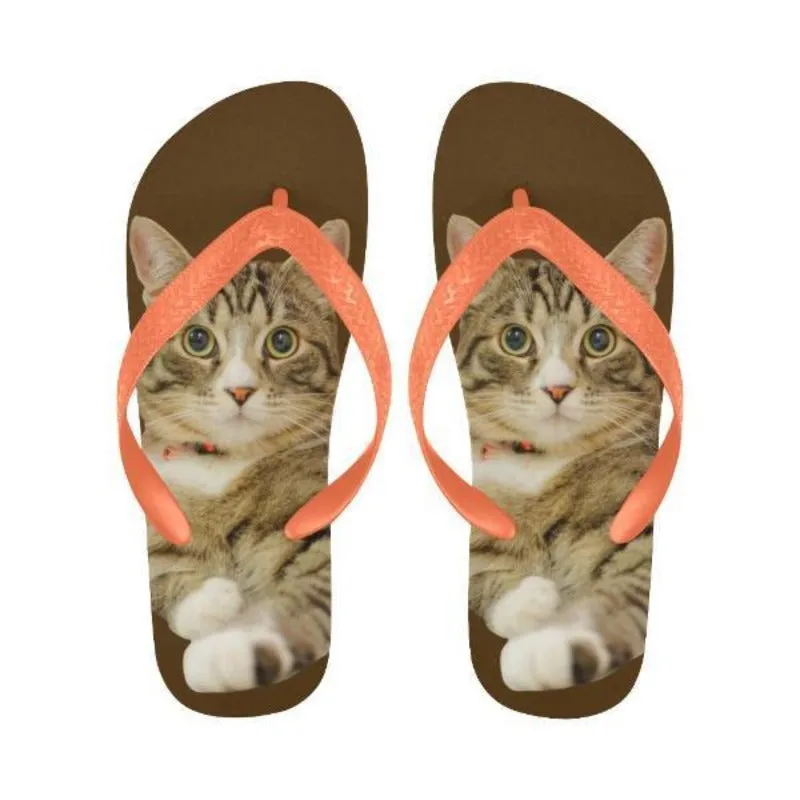 Cute Flip Flops Tabby Cat Unisex Slippers Brown
