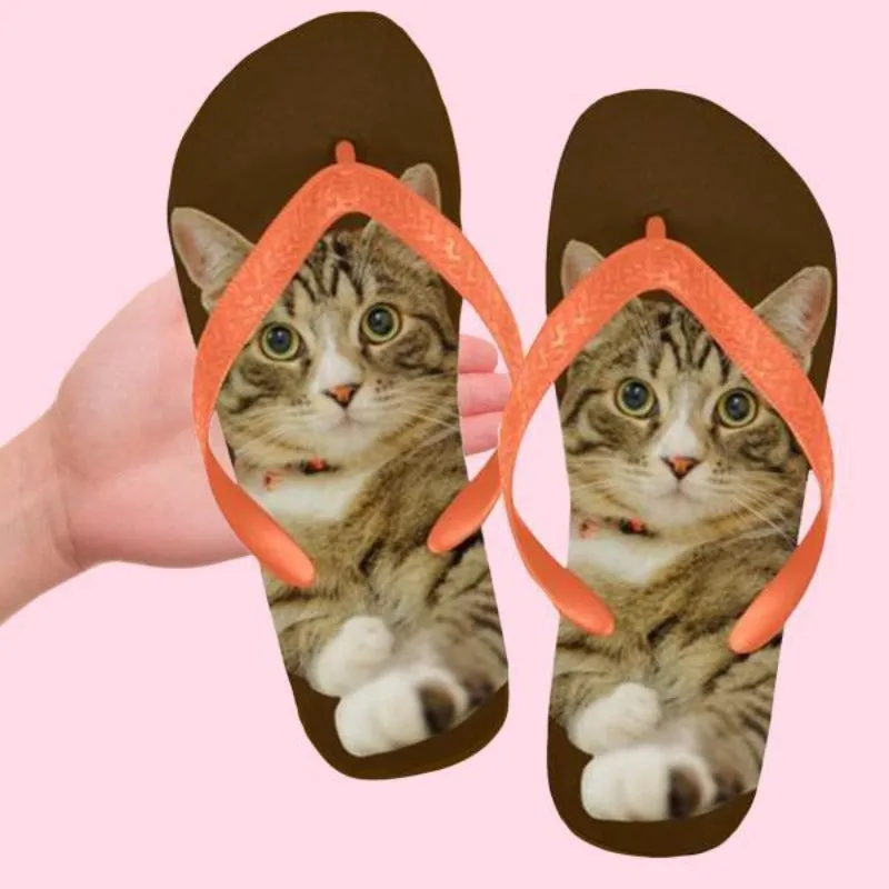 Cute Flip Flops Tabby Cat Unisex Slippers Brown