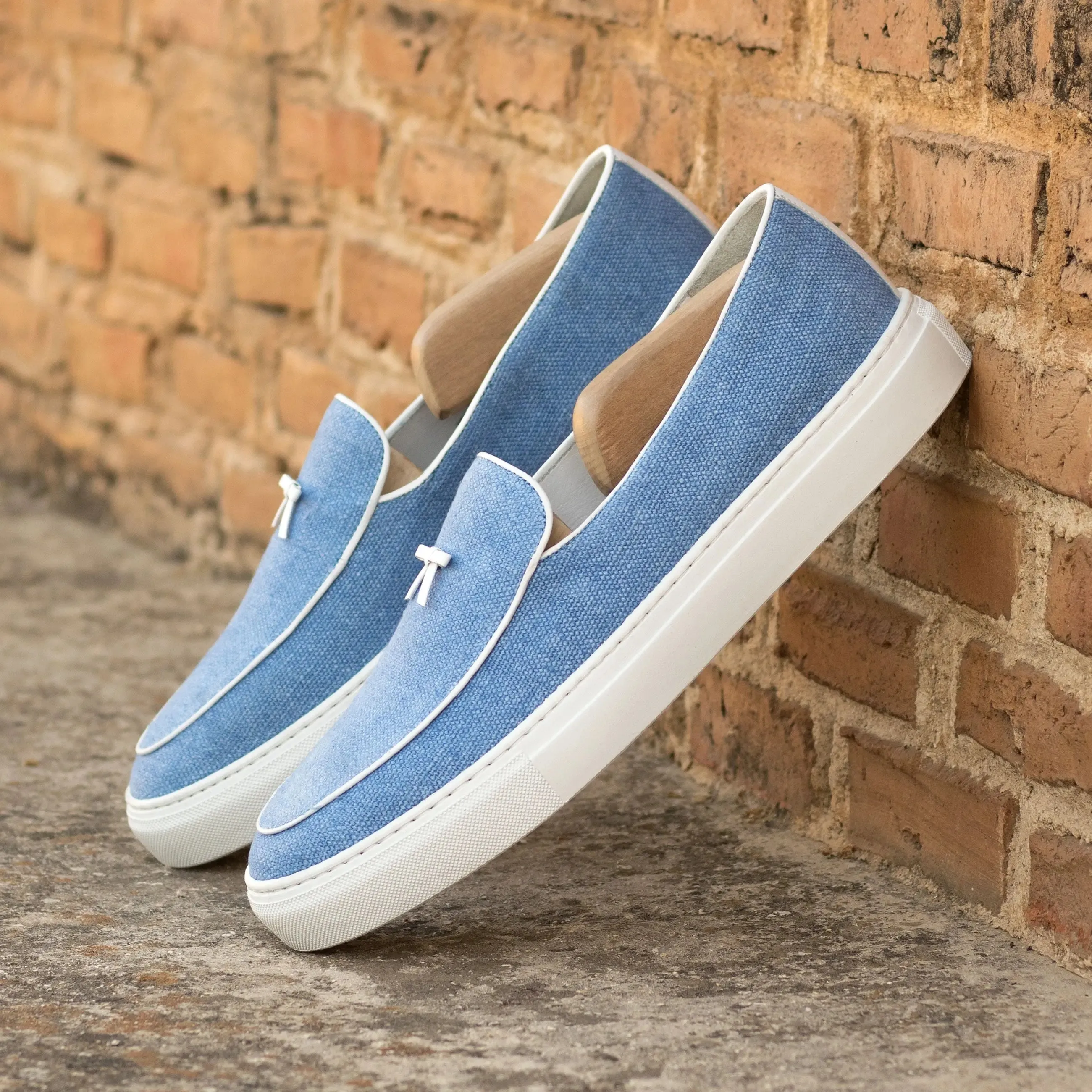 DapperFam King in Blue Linen Men's Linen Belgian Sneaker