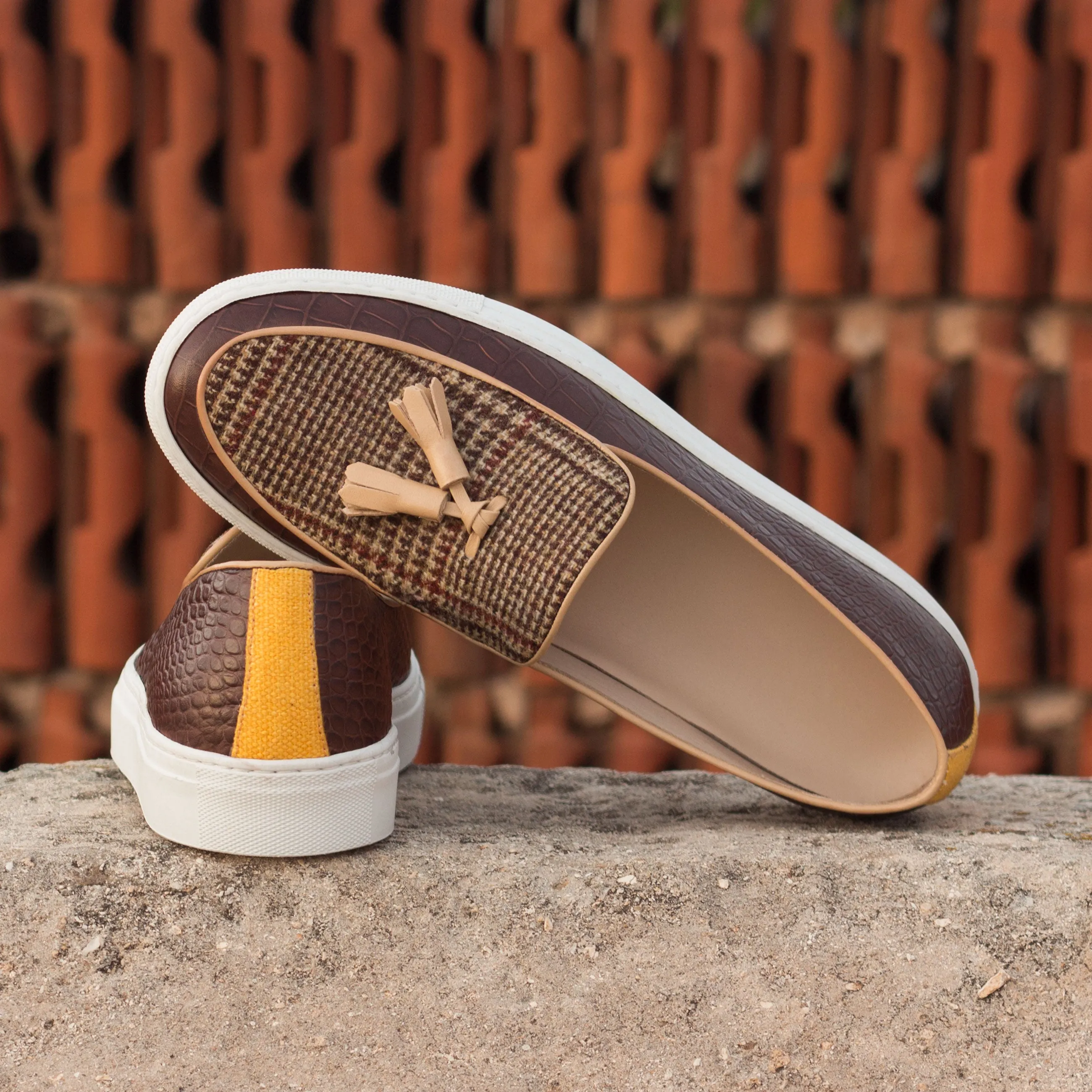 DapperFam King in Mustard / Tweed / Dark Brown Men's Sartorial & Croco Embossed Leather Belgian Sneaker