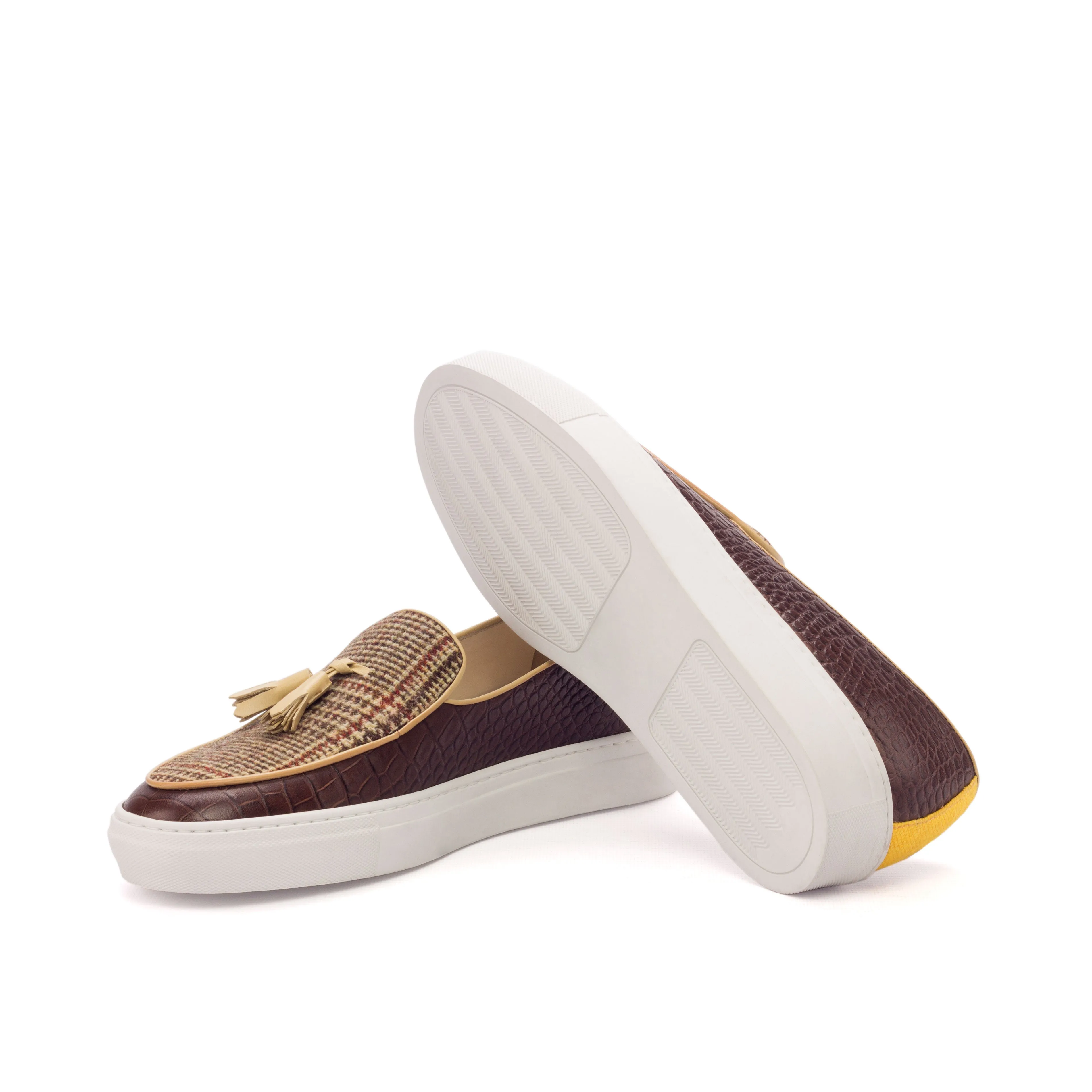 DapperFam King in Mustard / Tweed / Dark Brown Men's Sartorial & Croco Embossed Leather Belgian Sneaker
