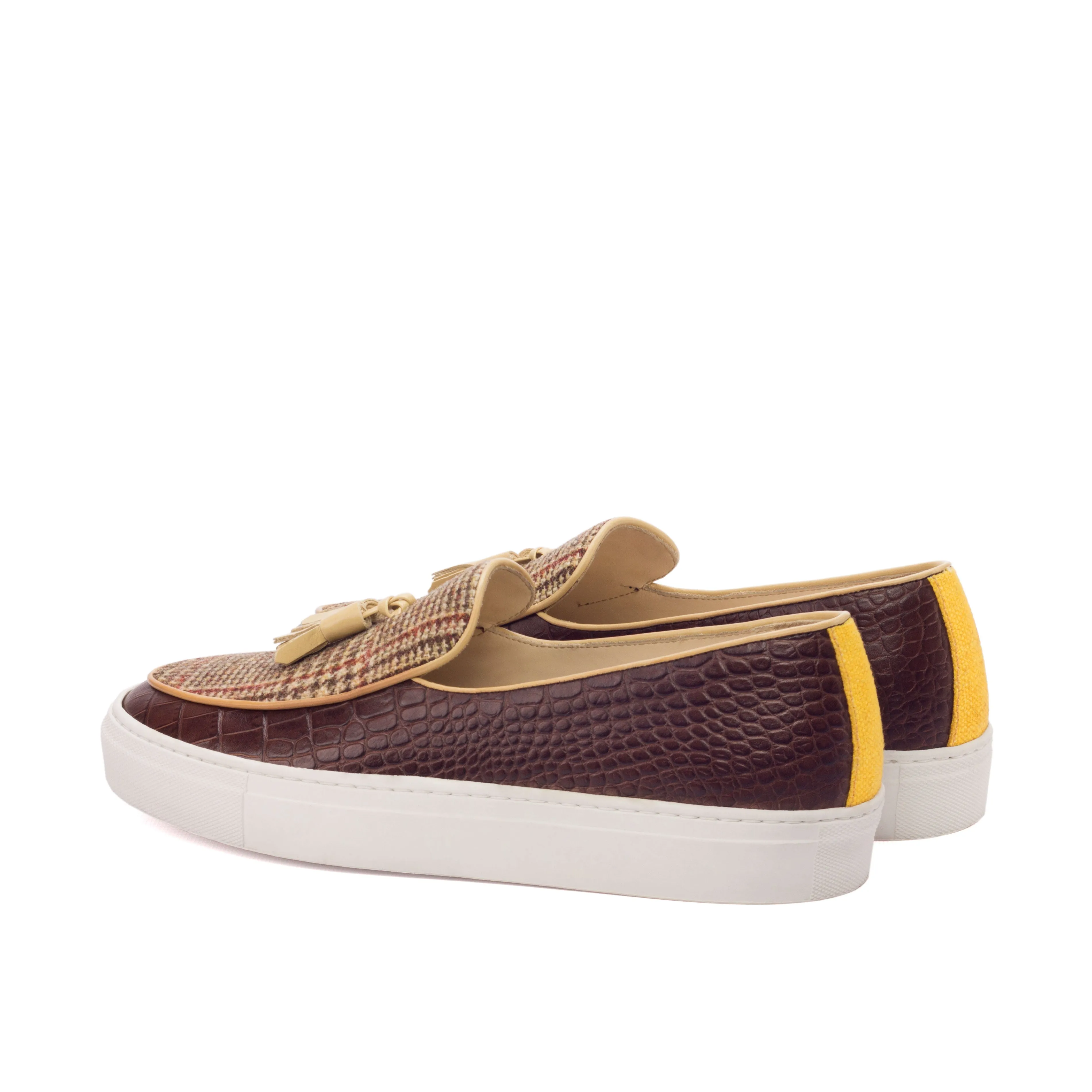 DapperFam King in Mustard / Tweed / Dark Brown Men's Sartorial & Croco Embossed Leather Belgian Sneaker