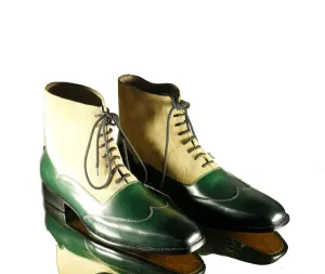 Designer Green Beige Ankle Boots, Leather Suede Boots