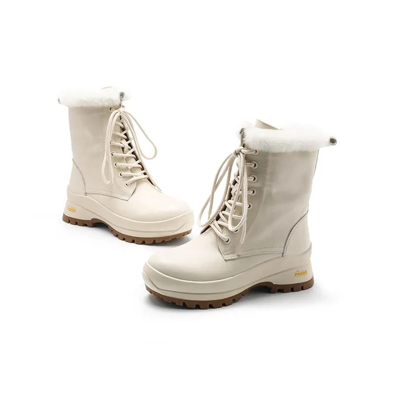 Designer Women Leather Chunky Snow Boots With Shearling Lined in Apricot/Beige/Black