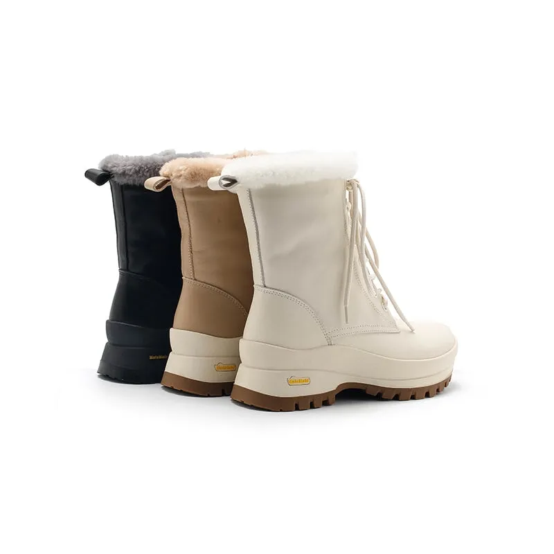 Designer Women Leather Chunky Snow Boots With Shearling Lined in Apricot/Beige/Black