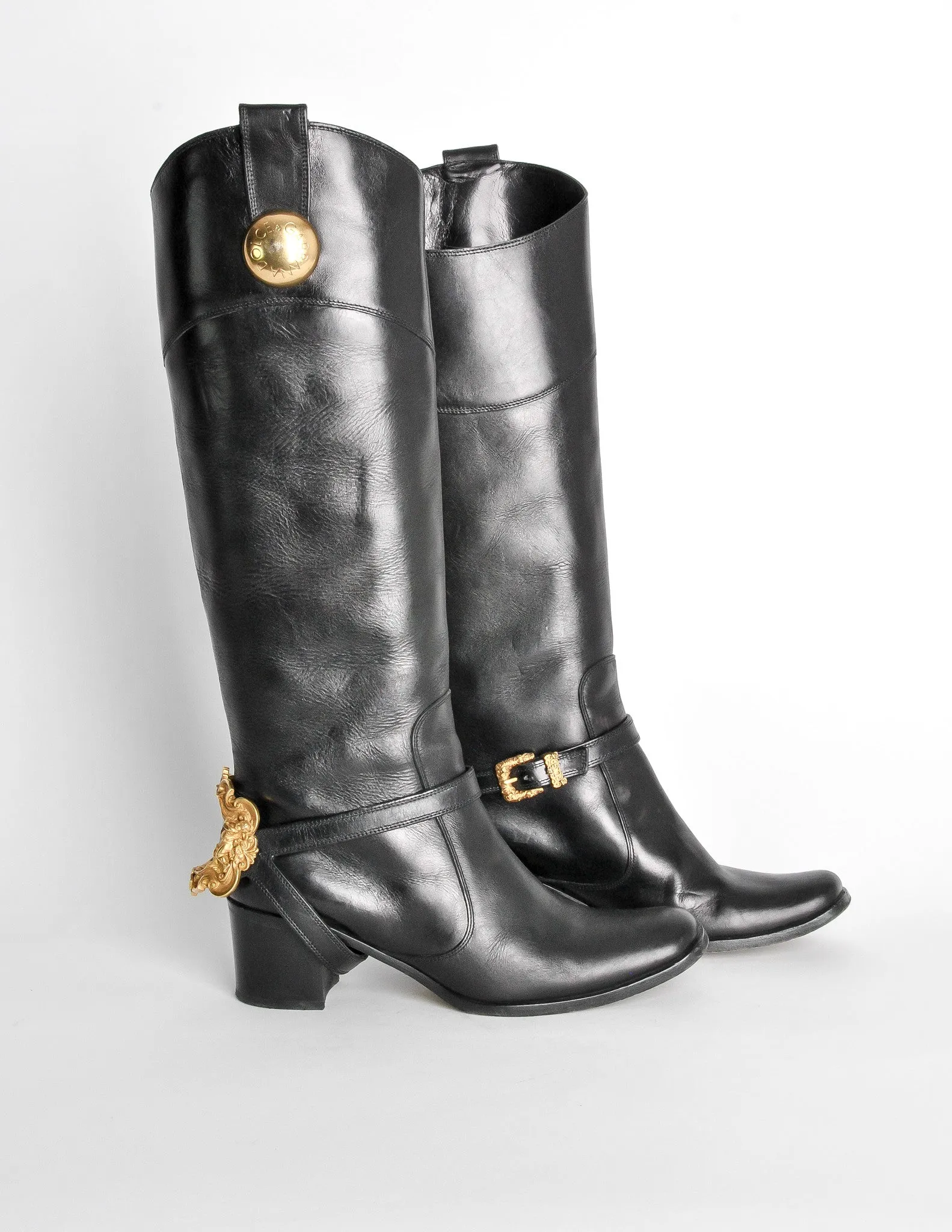 Dolce & Gabbana Vintage Black & Gold Leather Boots