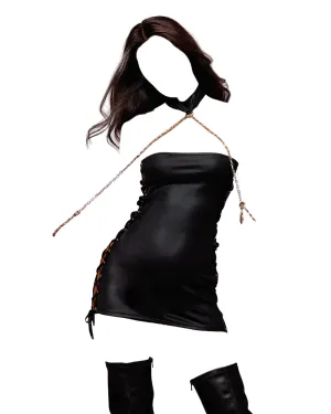 Dreamgirl Wetlook Chemise With Lace-Up Sides, Choker Collar & Chain Wrist Restraints Black One Size